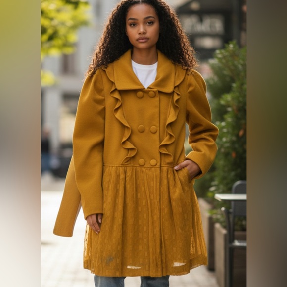 l’revie Jackets & Blazers - Daisy Double A'reve pea coat in yellow with lace details. Size lLarge